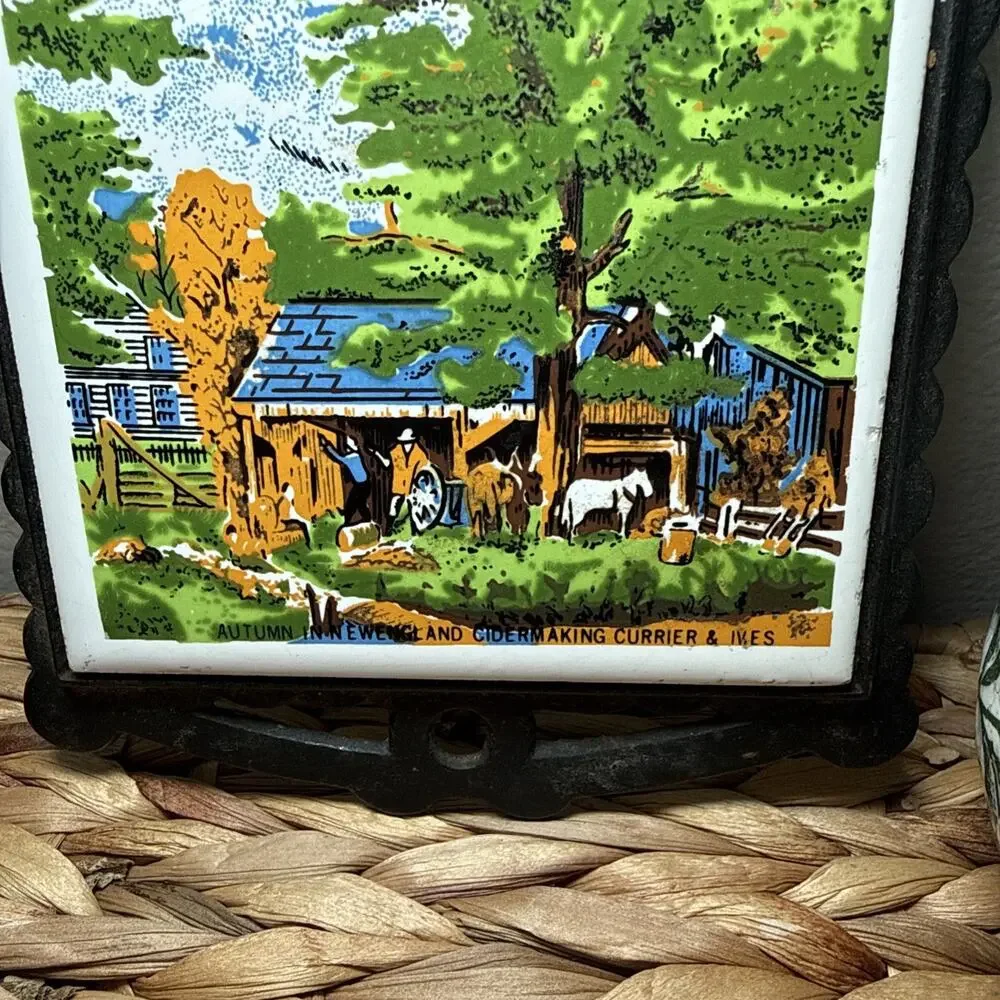 Currier & Ives Autumn in New England Cider Making Tile Trivet Shunlong Taiwan